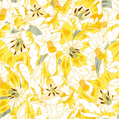 Fototapeta na wymiar Yellow tulips and daffodils seamless