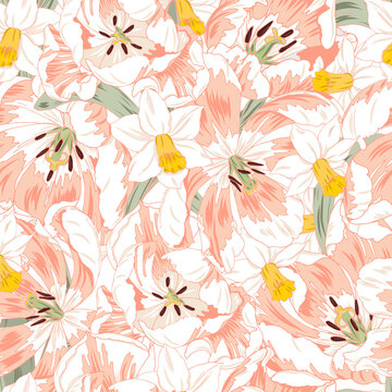 Pink tulips and daffodils seamless
