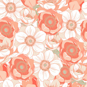 Pink and white anemones romantic pattern