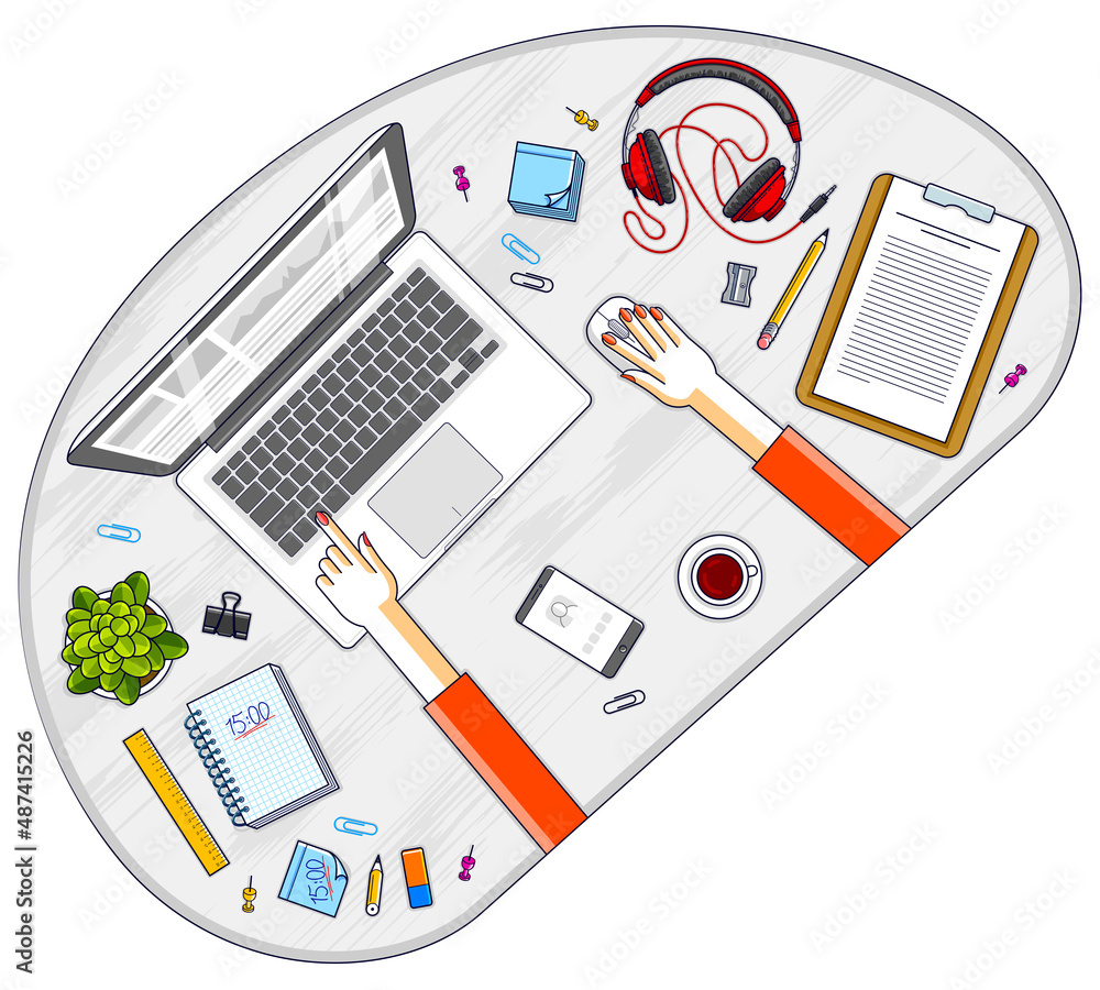 Poster office desk workspace top view with hands of office employee or entrepreneur, pc notebook and divers