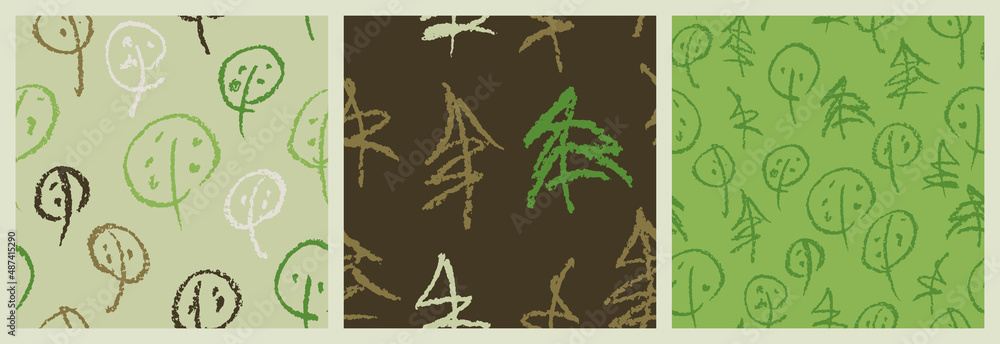 Poster minimalistic seamless pattern set with hand drawn trees. stylish modern patterns with forest. vector