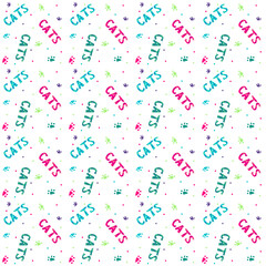 Cats pattern. Lettering in blue, green and pink color. Summer seamless background. Hand drawn natural fabric design.