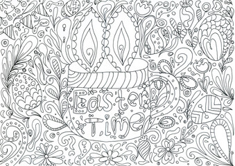 Hand draw adult Easter Coloring Page. 
Printable Anti stress children coloring book. Antistress adult Easter coloring page. Easter coloring eggs, carrot and spring floral. Printable coloring for child