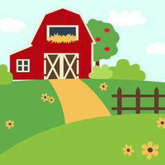 Red barn on the farm. Rural landscape, vector illustration.
