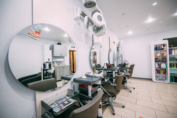 Modern interior of a hairdressing salon. Nobody.