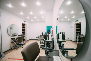 Modern interior of a hairdressing salon. Nobody.