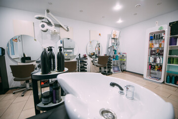 Modern interior of a hairdressing salon. Nobody.