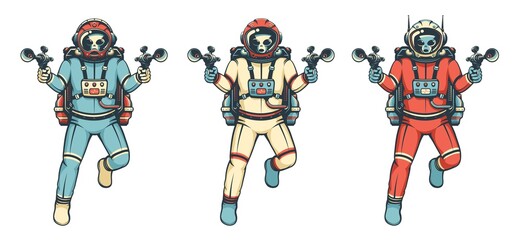 Alien astronaut in spacesuit and with blasters. Comic book alien Martian with ray gun. Vector image. © Agor2012