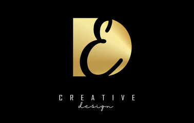 Golden letters DE logo with a minimalist design and negative space. Letters D and E with geometric and handwritten typography.