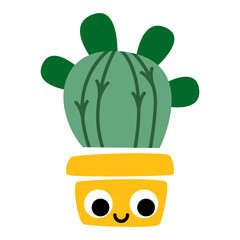 Fototapeta premium Vector illustration of cactus in flower pot. Succulent houseplant home gardening and decoration. Cacti smiling friendly character. For cards, social media, banners and printing on paper or textile. 