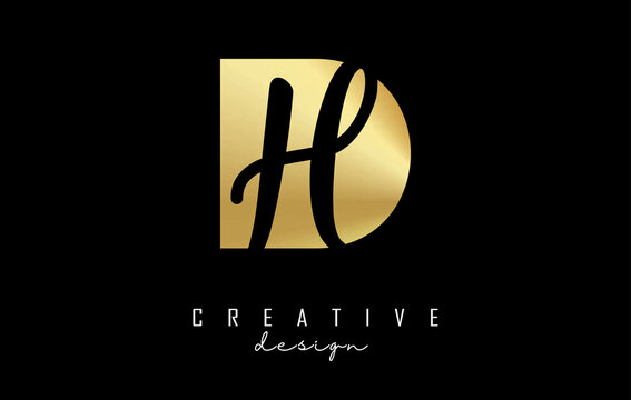 Golden letters DH logo with a minimalist design and negative space. Letters D and H with geometric and handwritten typography.