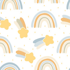 Hand drawn rainbows, cloud and star cartoon baby texture for fabric textile wallpaper apparel wrapping, Rainbow seamless vector pattern  background