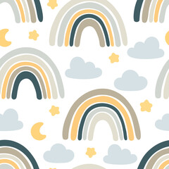 Hand drawn rainbows, cloud and star cartoon baby texture for fabric textile wallpaper apparel wrapping, Rainbow seamless vector pattern  background