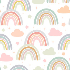 Hand drawn rainbows, cloud and star cartoon baby texture for fabric textile wallpaper apparel wrapping, Rainbow seamless vector pattern  background - 487417071