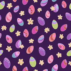 Seamless vector pattern of Easter eggs and flowers. Suitable for packaging, fabrics, wallpapers and simple colorings. Easter background.