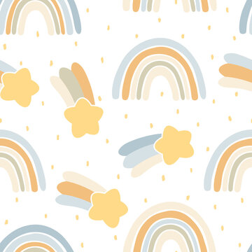 Fototapeta Hand drawn rainbows, cloud and star cartoon baby texture for fabric textile wallpaper apparel wrapping, Rainbow seamless vector pattern  background