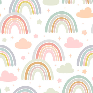 Hand Drawn Rainbows, Cloud And Star Cartoon Baby Texture For Fabric Textile Wallpaper Apparel Wrapping, Rainbow Seamless Vector Pattern  Background