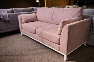 Fototapeta na wymiar Furniture store with sofas and couches on display for sale, copy space. Furniture store showroom interior. Stylish pink sofa with pillows in the showroom of upholstered furniture.