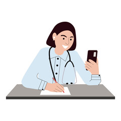 A doctor helps a patient online.  A female doctor consults the patient over the Internet. Vector illustration on white background. For print, web design.