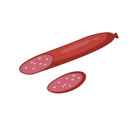 Smoked salami sausage with cut slice. Vector illustration of meat food in cartoon childish style. Isolated funny clipart of soy sausages on white background. cute print.
