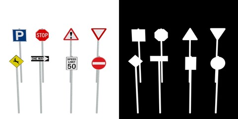3D rendering illustration of a set of traffic signs