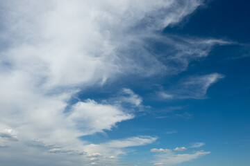 Fototapeta na wymiar Snow-white clouds of various types float across the blue sky