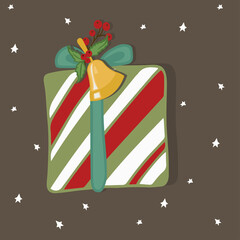 Gift box decorated with bow, bell and mistletoe. Holiday concept. Vector