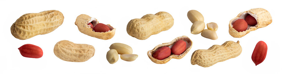 set of peanuts in a nutshell, unpeeled and shelled peanuts isolated on white background.