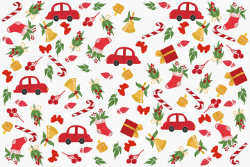 Seamless background with a Christmas theme: mistletoe branch, car, Christmas toys. Suitable for wrapping paper, postcards, souvenirs. Happy winter 2023. Vector