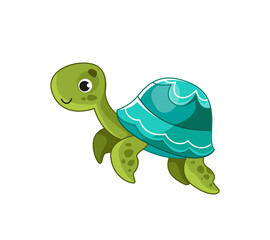 Cute baby sea turtle swims. Green turtle with blue shell. Vector illustration of a sea animal in a cartoon childish style. Isolated funny clipart on white background. cute print.