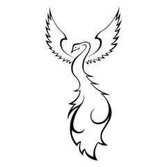Black graceful Firebird contour isolated on the white background, hand drawing vector illustration