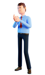 Cartoon man in shirt and tie claps his hands. 3d businessman applauds while standing. 3d image. 3d render.