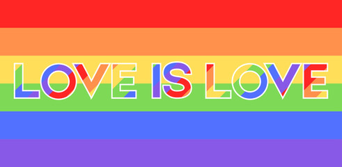 Vector Illustration of colorful rainbow flag with text love is love, pride banner of LGBTQ - Lesbian, gay, bisexual, transgender, Queer organization. June is celebrated as the Pride month and parades.