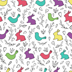 Seamless vector pattern of rabbits, birds and abstract floral elements. Holiday background for greeting card, website, printing on fabric, gift wrap, postcard and wallpapers.