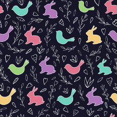 Seamless vector pattern of rabbits, birds and abstract floral elements. Holiday background for greeting card, website, printing on fabric, gift wrap, postcard and wallpapers.