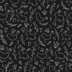 Seamless vector pattern of rabbits, birds and abstract floral elements. Holiday background for greeting card, website, printing on fabric, gift wrap, postcard and wallpapers.