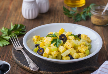 Potato salad with green selery and olives in a gray ceramic bowl on a wooden background. Recipes for potato salads. Healthy food.