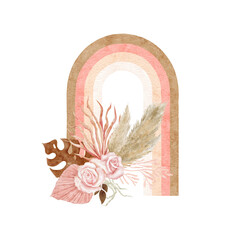 Watercolor boho tropical arrangement with rainbow. Dried flowers composition. Pampas grass, monstera, palm leaf, pink rose. © LuckPicture