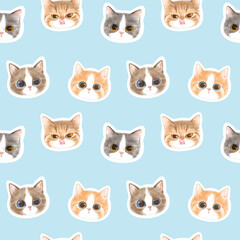 Seamless Pattern with Hand Drawn Cartoon Cat Face Design on Light Blue Background 