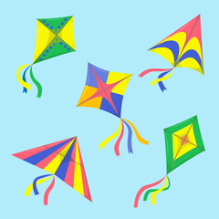 Fototapeta na wymiar Set of different geometric kites. Beautiful colorful devices made of paper and cardboard. Wind flying toy for kids, summer game. Vector illustration in cartoon style