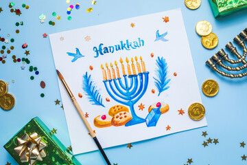Hanukkah symbols flat lay.  Traditional jewish holiday greeting card design with happy hanukkah...