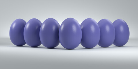 Easter Eggs in ""Very Peri" color of the year on a seamless gray background. Web banner size.