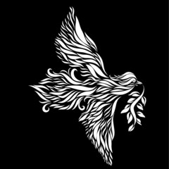 with a branch of an olive tree a dove flies logo a christian symbol of hope and peace and salvation in white color