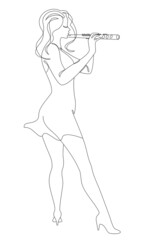 Silhouette of a beautiful woman with a flute in a modern continuous line style. Flute girl, slender. Continuous line drawing, decor aesthetic outline, posters, stickers, logo. Vector illustration.
