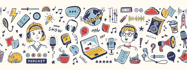 Podcast Show Equipment and Items Seamless Vector Banner. Colorful Border Pattern with Hand Drawn Doodle Man and Woman Speaking in Microphone. Workplace of Radio Host or Blogger.