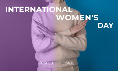 Break the bias symbol of woman's international day. Crossed hands. Woman arms crossed to show...