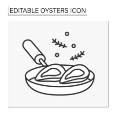 Delicacy line icon.Tasty oysters preparation on frying pan with species. Culinary.Seafood concept. Isolated vector illustration. Editable stroke