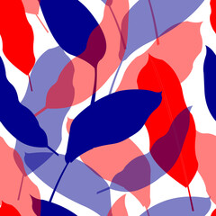 tropical leaves. Seamless cute pattern for textile and paper products. Blue and red plants on a white background in a flat style. 