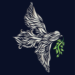 with a green branch of an olive tree a dove is flying logo a christian symbol of hope and peace and salvation silver color
