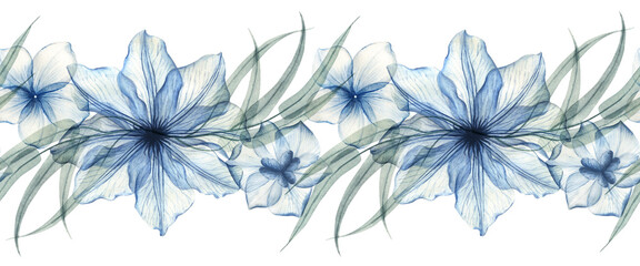 Watercolor  floral illustration, dusty blue flowers with transparent petals, seamless border. Hand drawn watercolor illustration on a white background 